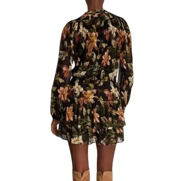 PAIGE Elynne Pure Silk Tiered Mini Dress Black Tan